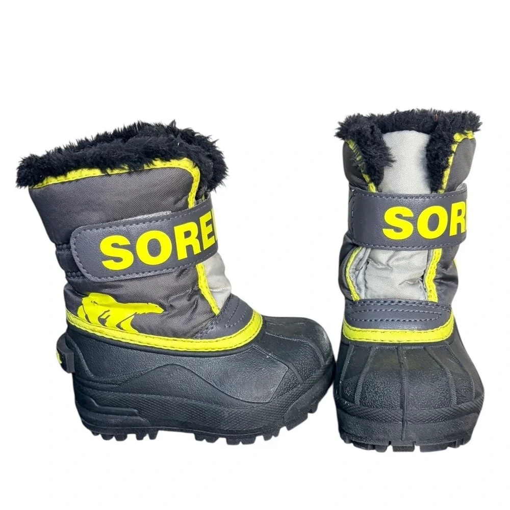 Sorel Grey Neon Yellow Snow Commander Boots Waterproof Faux Fur‎ Kids Size 6